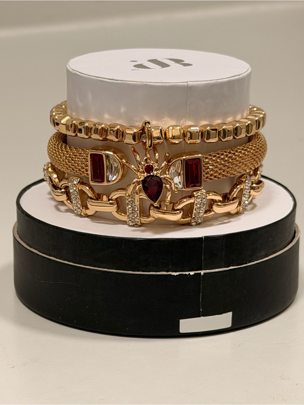 Bomb Party NWT! “Web of Wonders” Garnet on Gold Bracelet Stack